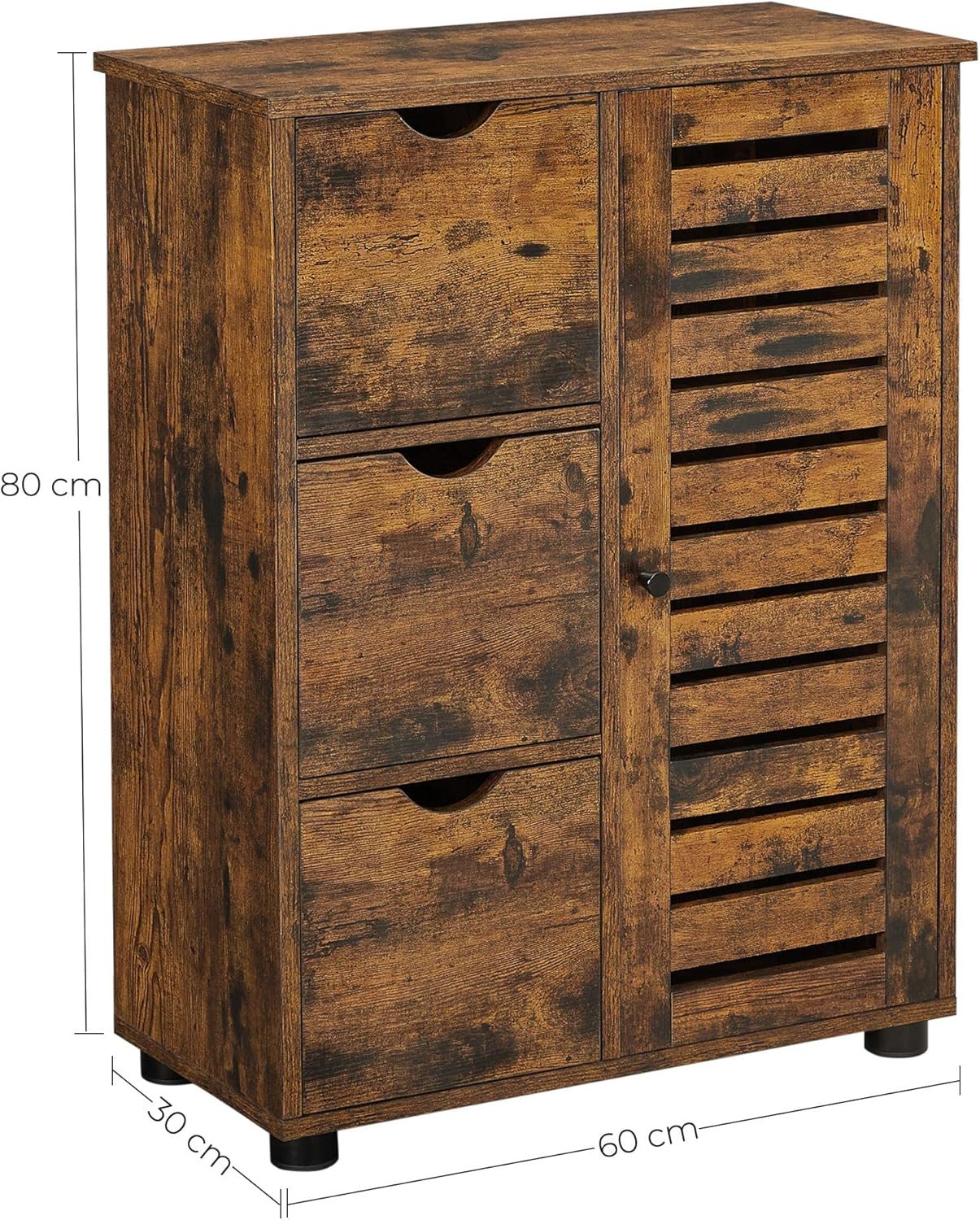 VASAGLE Badezimmerschrank, schmaler Badschrank, Beistellschrank, Kommode, mit 3 Schubladen, Schranktür, verstellbare Ablage, 30 x 60 x 80 cm, vintagebraun BBK143X01 — Ansicht 3