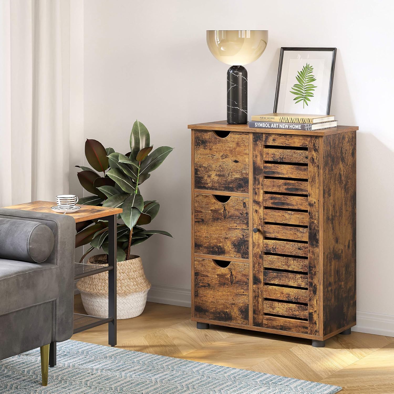 VASAGLE Badezimmerschrank, schmaler Badschrank, Beistellschrank, Kommode, mit 3 Schubladen, Schranktür, verstellbare Ablage, 30 x 60 x 80 cm, vintagebraun BBK143X01 — Ansicht 4