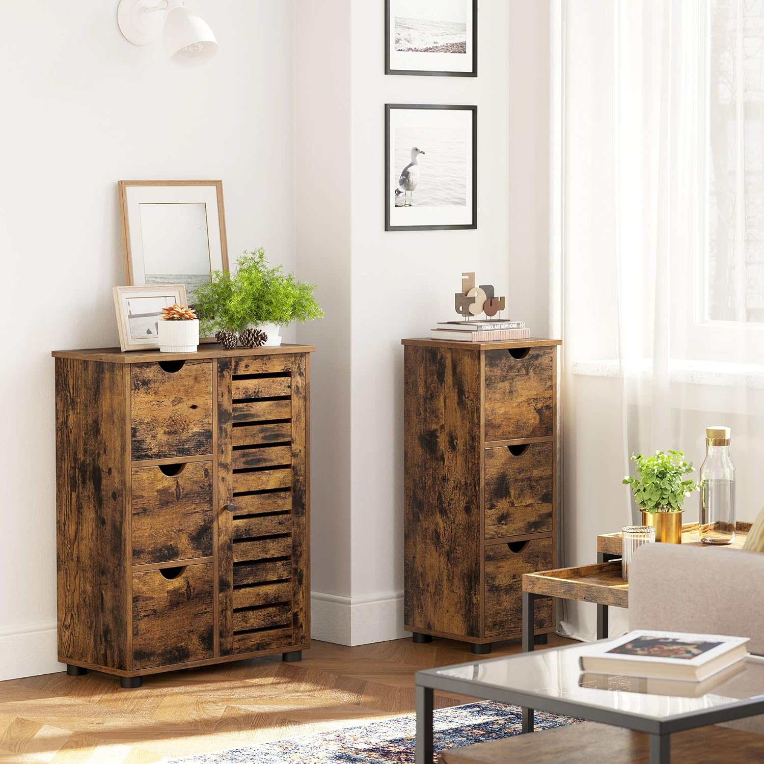 VASAGLE Badezimmerschrank, schmaler Badschrank, Beistellschrank, Kommode, mit 3 Schubladen, Schranktür, verstellbare Ablage, 30 x 60 x 80 cm, vintagebraun BBK143X01 — Ansicht 5