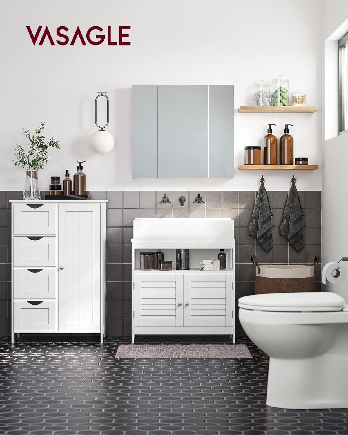 VASAGLE Badezimmerschrank, schmaler Badschrank, mit 4 Schubladen | Beistellschrank, Kommode, mit Schranktür, verstellbarer Ablage, 30 x 55 x 82 cm, weiß LHC41W — Ansicht 2