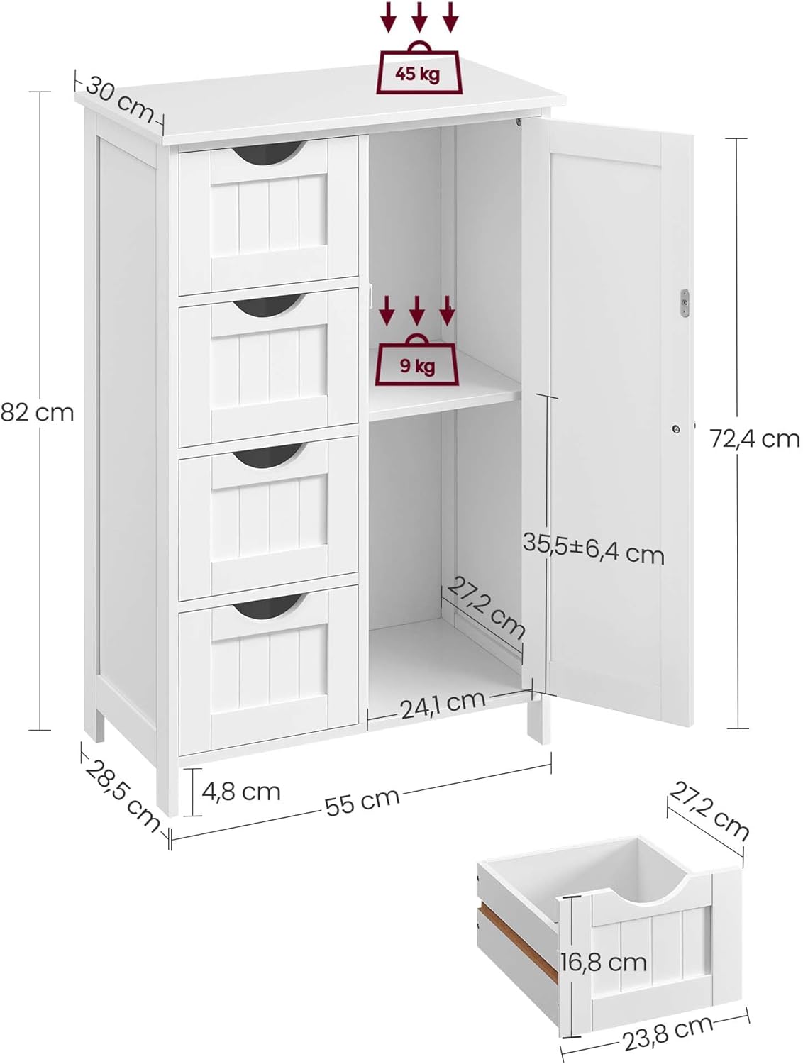 VASAGLE Badezimmerschrank, schmaler Badschrank, mit 4 Schubladen | Beistellschrank, Kommode, mit Schranktür, verstellbarer Ablage, 30 x 55 x 82 cm, weiß LHC41W — Ansicht 3