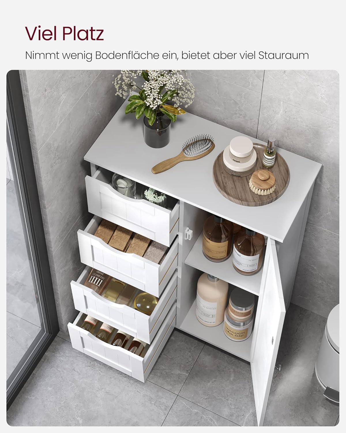 VASAGLE Badezimmerschrank, schmaler Badschrank, mit 4 Schubladen | Beistellschrank, Kommode, mit Schranktür, verstellbarer Ablage, 30 x 55 x 82 cm, weiß LHC41W — Ansicht 4