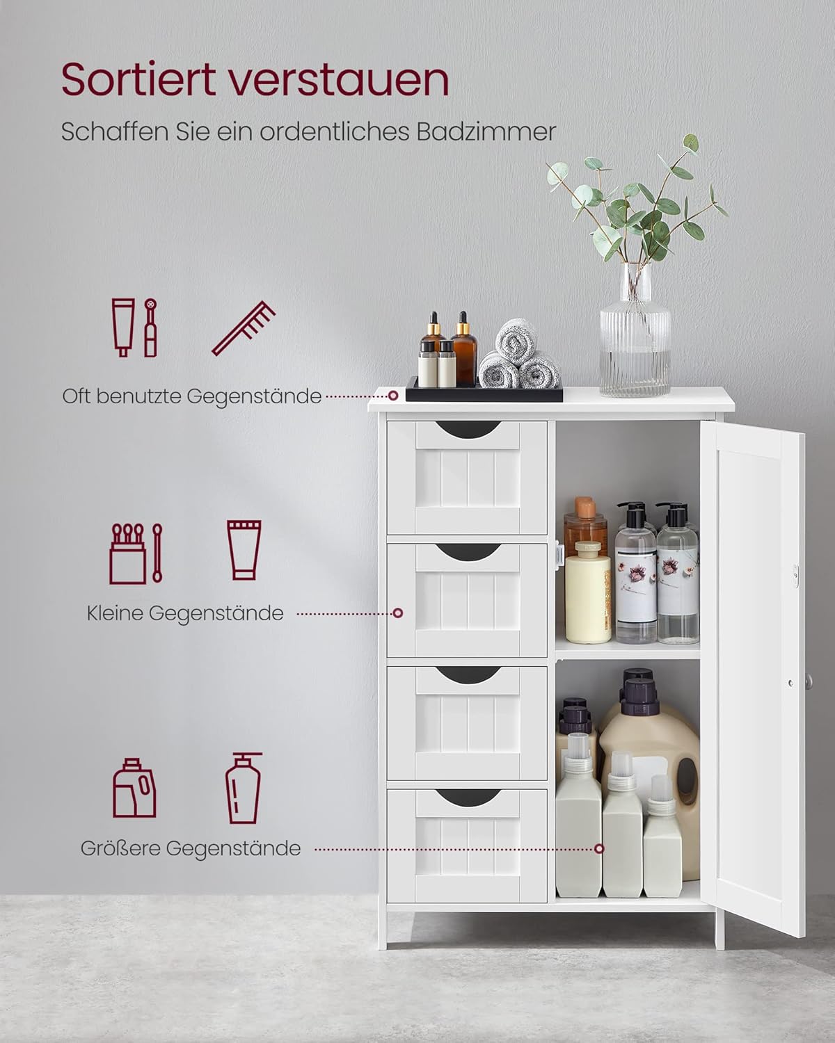 VASAGLE Badezimmerschrank, schmaler Badschrank, mit 4 Schubladen | Beistellschrank, Kommode, mit Schranktür, verstellbarer Ablage, 30 x 55 x 82 cm, weiß LHC41W — Ansicht 5