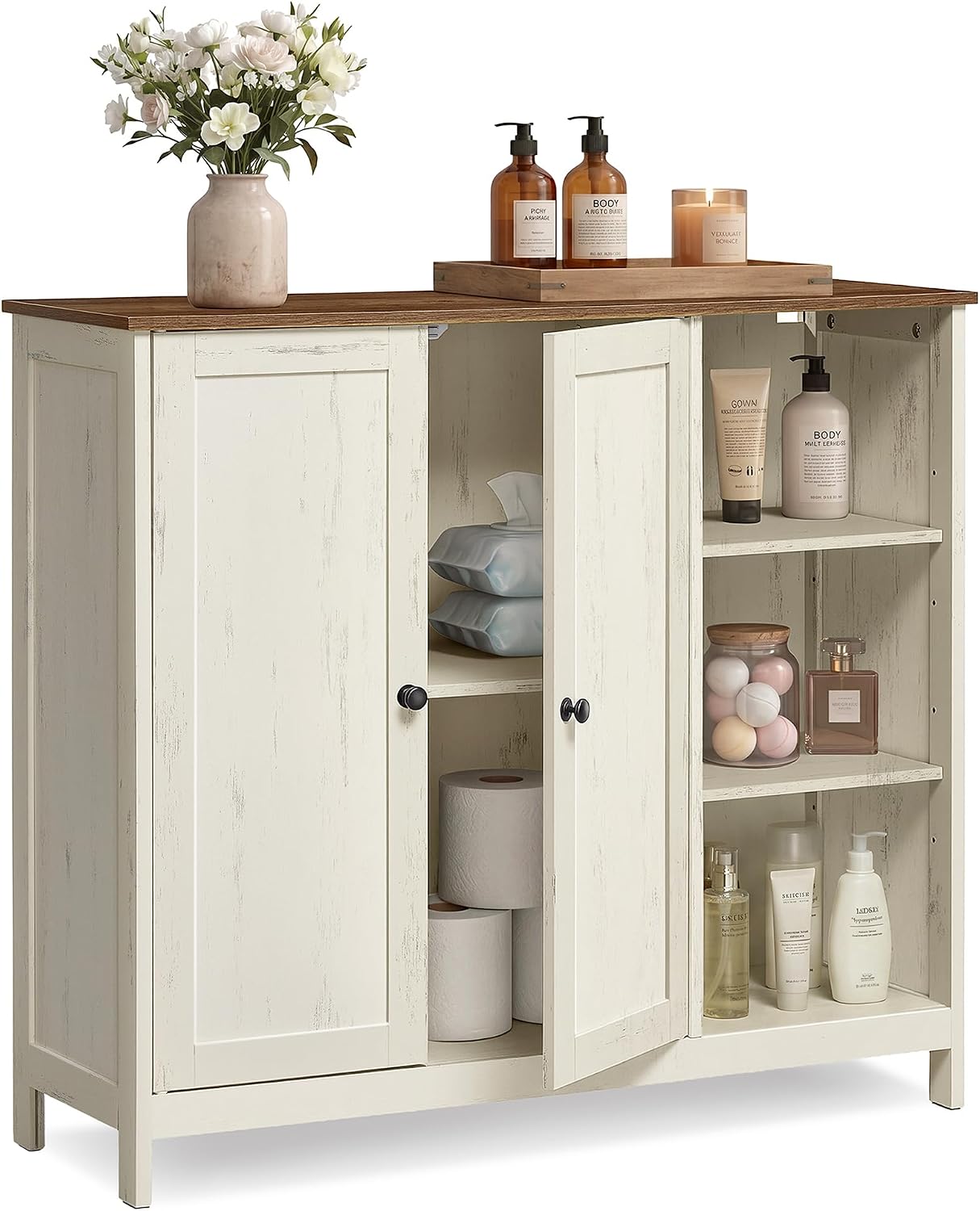 VASAGLE Badschrank aus MDF, Aufbewahrungsschrank mit 2 Türen und Offenen Fächern, 90 x 30 x 80 cm, 1 Stück, für Badezimmer, Wolkenweiß, Siren BBK070WJ01