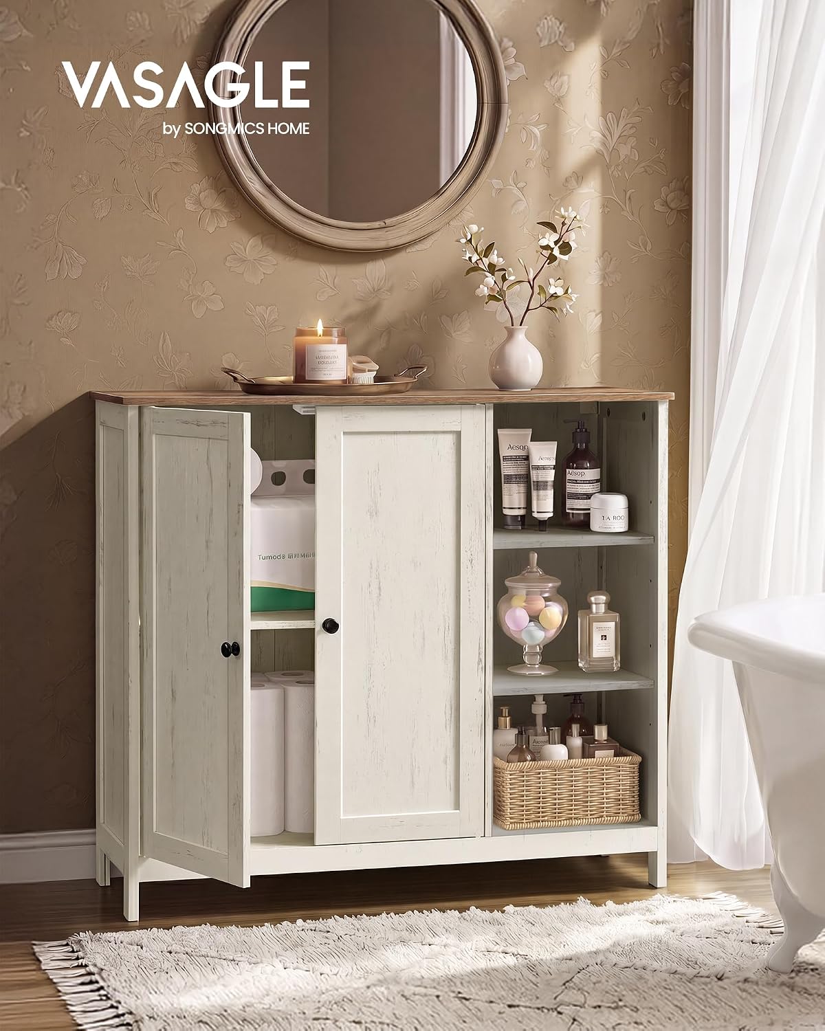 VASAGLE Badschrank aus MDF, Aufbewahrungsschrank mit 2 Türen und Offenen Fächern, 90 x 30 x 80 cm, 1 Stück, für Badezimmer, Wolkenweiß, Siren BBK070WJ01 — Ansicht 2
