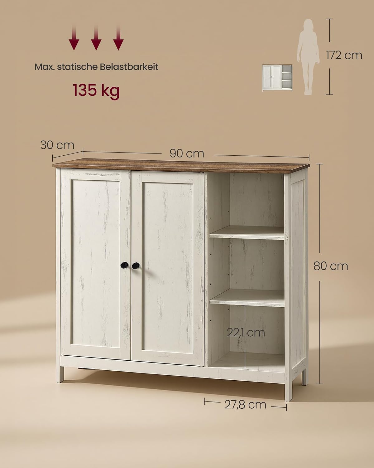 VASAGLE Badschrank aus MDF, Aufbewahrungsschrank mit 2 Türen und Offenen Fächern, 90 x 30 x 80 cm, 1 Stück, für Badezimmer, Wolkenweiß, Siren BBK070WJ01 — Ansicht 3