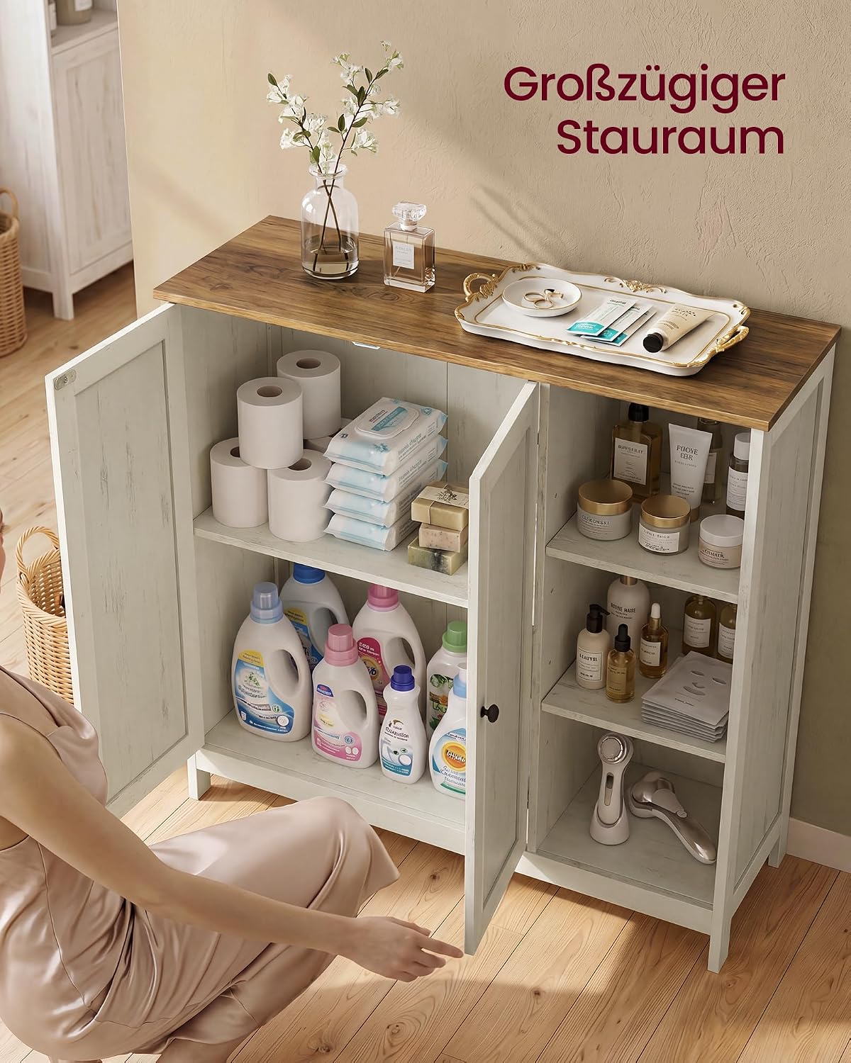VASAGLE Badschrank aus MDF, Aufbewahrungsschrank mit 2 Türen und Offenen Fächern, 90 x 30 x 80 cm, 1 Stück, für Badezimmer, Wolkenweiß, Siren BBK070WJ01 — Ansicht 4
