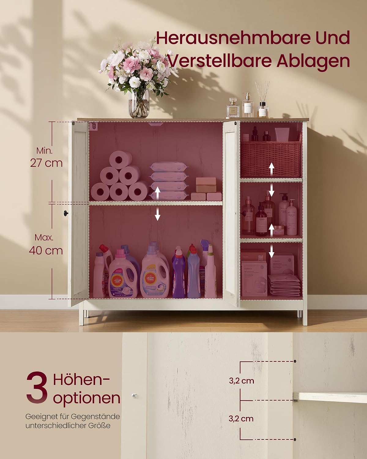 VASAGLE Badschrank aus MDF, Aufbewahrungsschrank mit 2 Türen und Offenen Fächern, 90 x 30 x 80 cm, 1 Stück, für Badezimmer, Wolkenweiß, Siren BBK070WJ01 — Ansicht 5