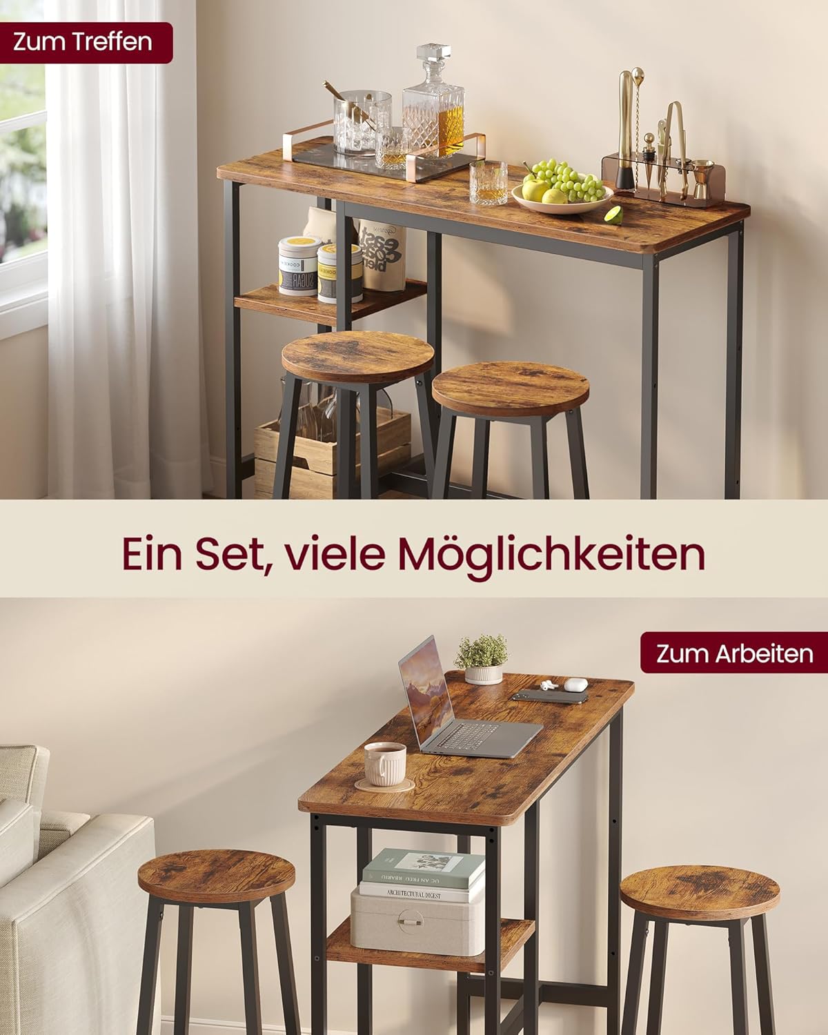 VASAGLE Bartisch mit 2 Barstühlen, Esszimmermöbel-Set, Essgruppe, mit Aufbewahrungsregal, für Wohnzimmer, Küche, Metallrahmen, einfache Montage, vintagebraun-schwarz LBT220KD01 — Ansicht 4