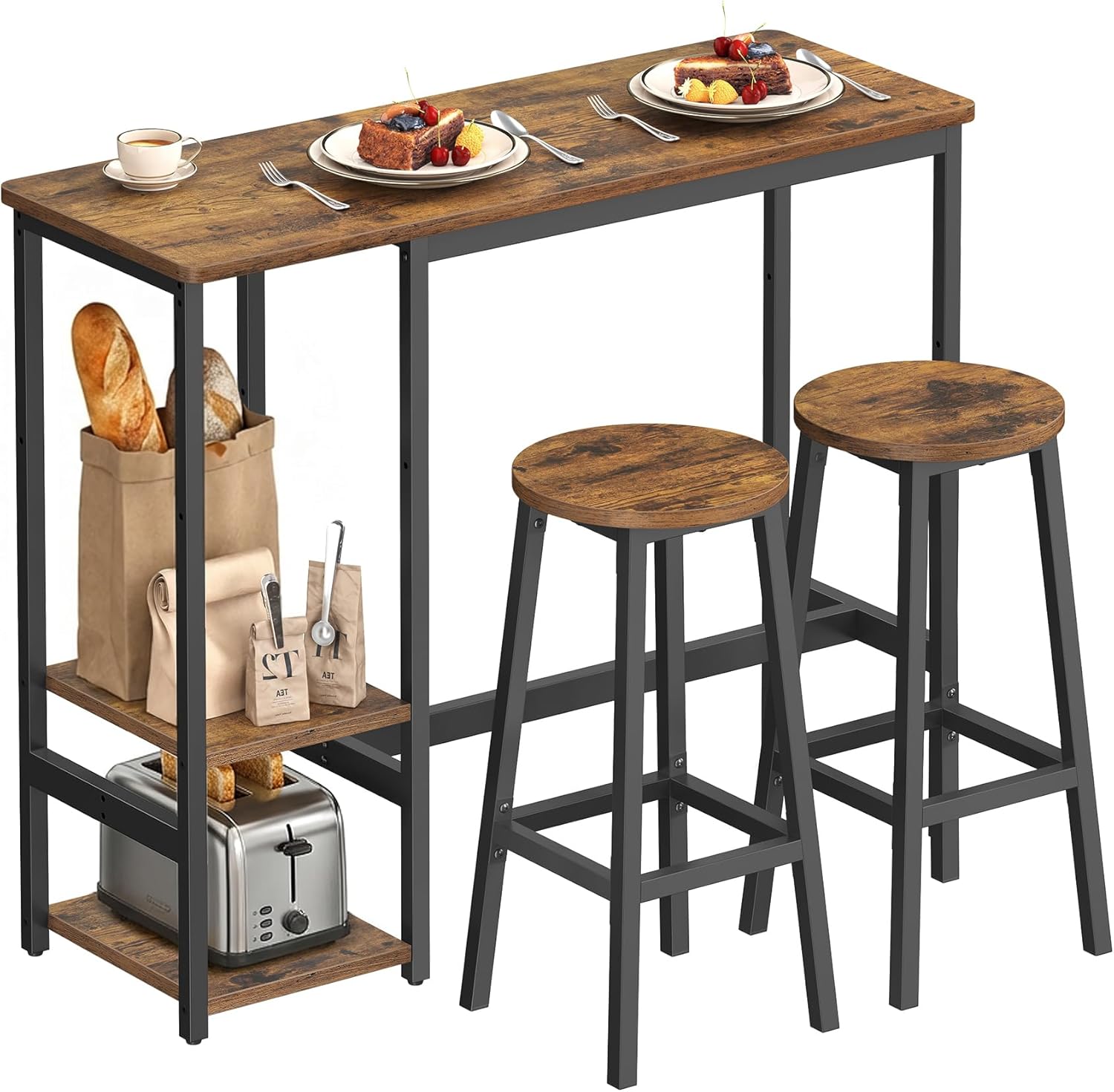 VASAGLE Bartisch mit 2 Barstühlen, Esszimmermöbel-Set, Essgruppe, mit Aufbewahrungsregal, für Wohnzimmer, Küche, Metallrahmen, einfache Montage, vintagebraun-schwarz LBT220KD01