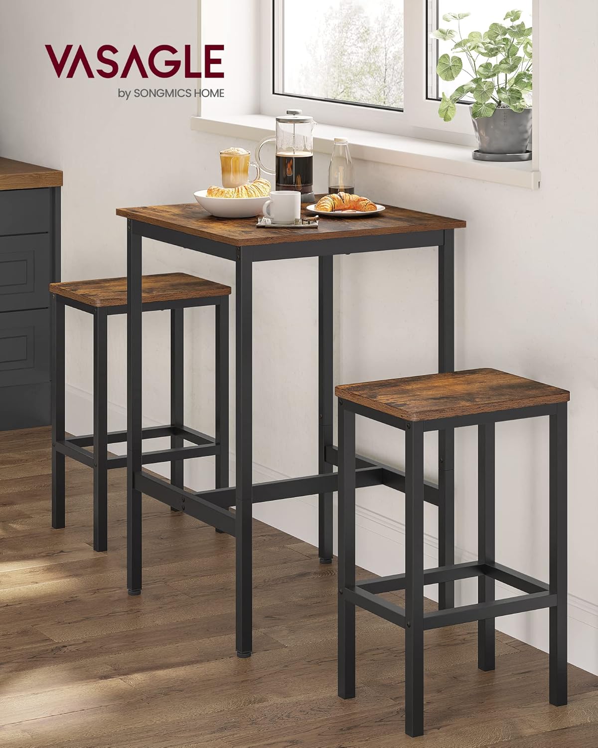 VASAGLE Bartisch mit Barhocker-Set, Esstisch mit 2 Stühlen, Küchentisch klein, Barstühle, für Esszimmer, Küche, vintagebraun-tintenschwarz LBT017B01 — Ansicht 2