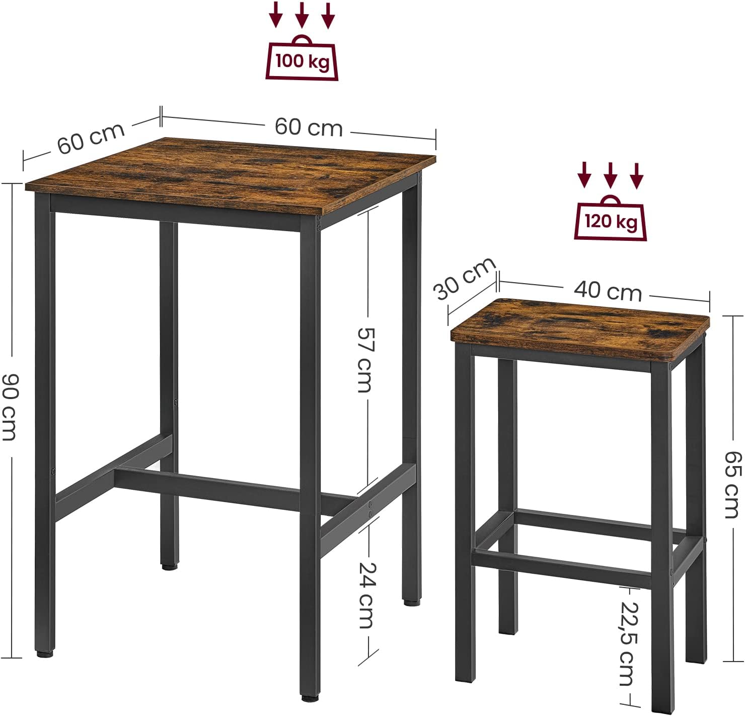 VASAGLE Bartisch mit Barhocker-Set, Esstisch mit 2 Stühlen, Küchentisch klein, Barstühle, für Esszimmer, Küche, vintagebraun-tintenschwarz LBT017B01 — Ansicht 3