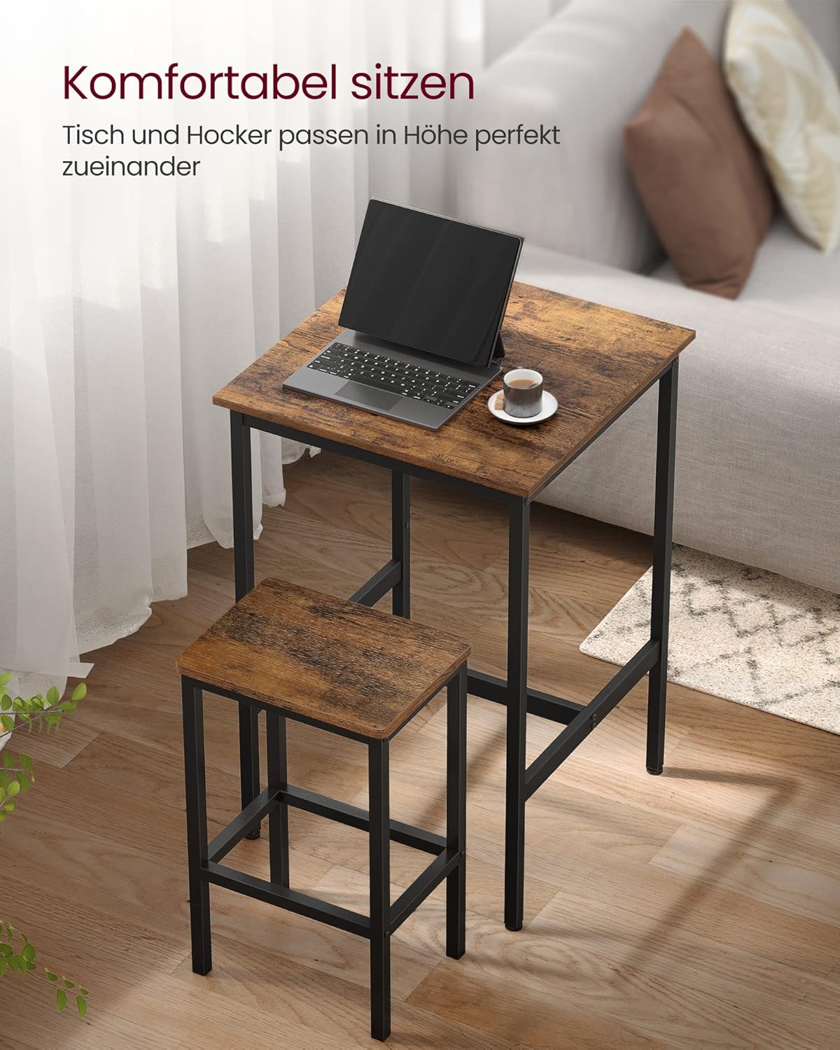 VASAGLE Bartisch mit Barhocker-Set, Esstisch mit 2 Stühlen, Küchentisch klein, Barstühle, für Esszimmer, Küche, vintagebraun-tintenschwarz LBT017B01 — Ansicht 4
