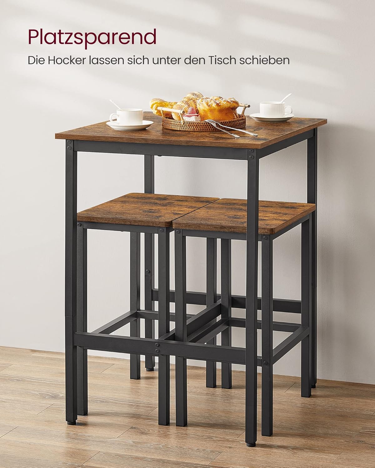 VASAGLE Bartisch mit Barhocker-Set, Esstisch mit 2 Stühlen, Küchentisch klein, Barstühle, für Esszimmer, Küche, vintagebraun-tintenschwarz LBT017B01 — Ansicht 5