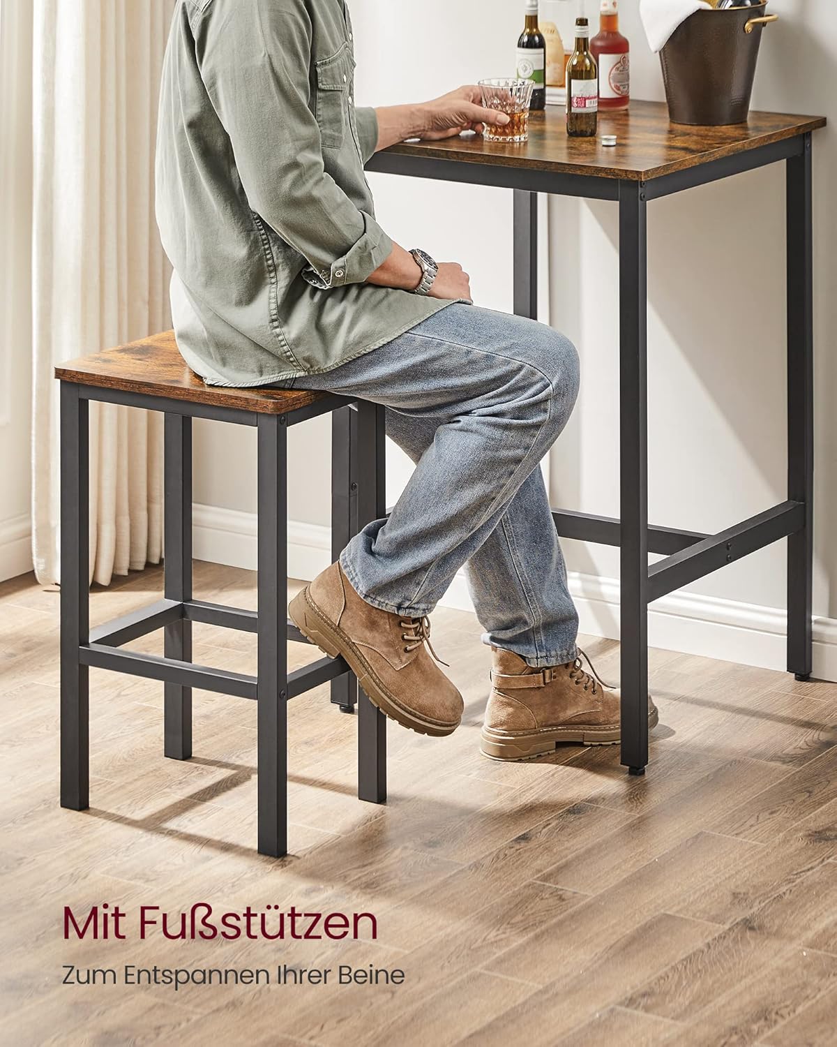 VASAGLE Bartisch mit Barhocker-Set, Esstisch mit 2 Stühlen, Küchentisch klein, Barstühle, für Esszimmer, Küche, vintagebraun-tintenschwarz LBT017B01 — Ansicht 6