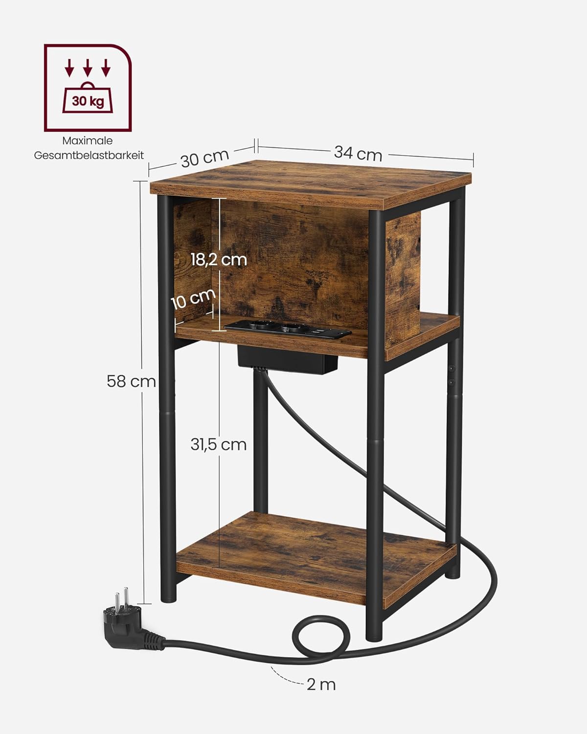 VASAGLE Beistelltisch, Nachttisch mit Steckdose, schmal, 2 AC-Anschlüsse, 2 USB-Anschlüsse, 30 x 34 x 58 cm, für Wohnzimmer, Schlafzimmer, vintagebraun-schwarz LET375B01 — Ansicht 3