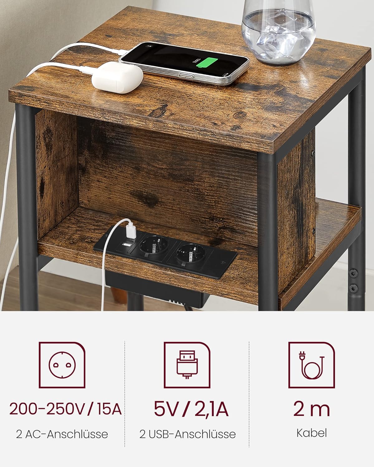 VASAGLE Beistelltisch, Nachttisch mit Steckdose, schmal, 2 AC-Anschlüsse, 2 USB-Anschlüsse, 30 x 34 x 58 cm, für Wohnzimmer, Schlafzimmer, vintagebraun-schwarz LET375B01 — Ansicht 5