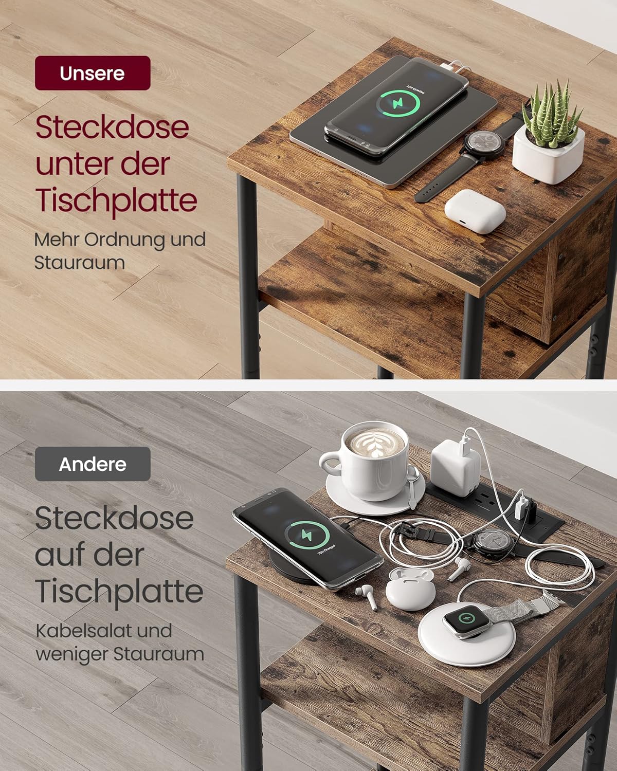 VASAGLE Beistelltisch, Nachttisch mit Steckdose, schmal, 2 AC-Anschlüsse, 2 USB-Anschlüsse, 30 x 34 x 58 cm, für Wohnzimmer, Schlafzimmer, vintagebraun-schwarz LET375B01 — Ansicht 6