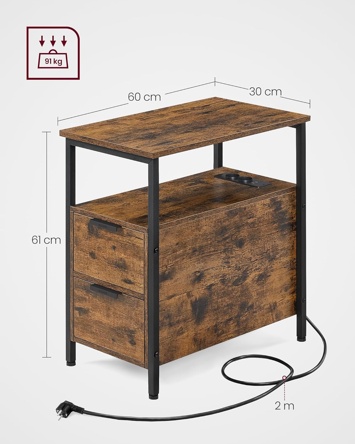 VASAGLE Beistelltisch, Nachttisch mit Steckdosenleiste, 2 Schubladen, Sofatisch, Nachtschrank für Wohnzimmer, Schlafzimmer, vintagebraun-tintenschwarz LET325B01 — Ansicht 3