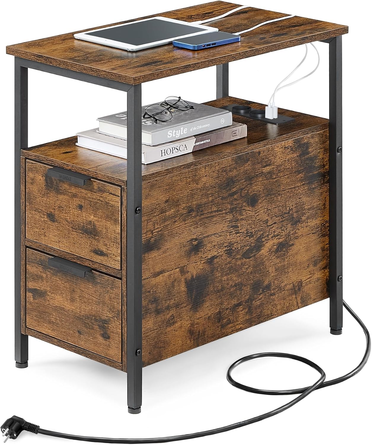 VASAGLE Beistelltisch, Nachttisch mit Steckdosenleiste, 2 Schubladen, Sofatisch, Nachtschrank für Wohnzimmer, Schlafzimmer, vintagebraun-tintenschwarz LET325B01
