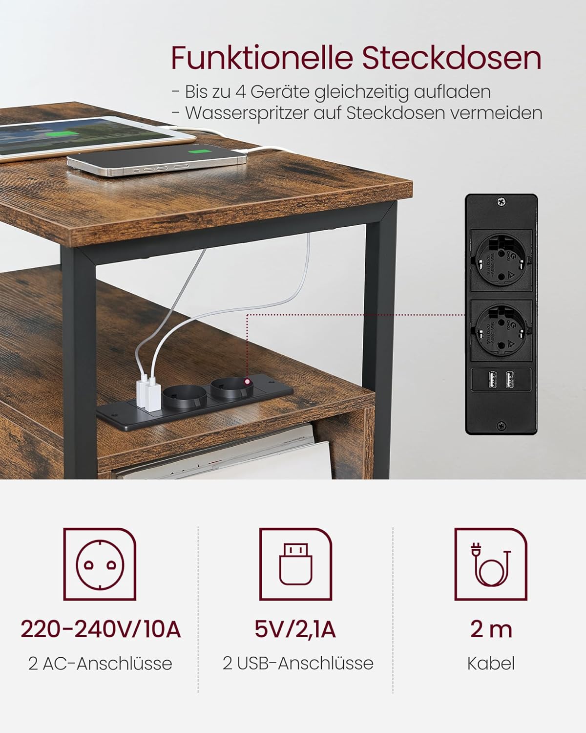 VASAGLE Beistelltisch, Nachttisch mit Steckdosenleiste, 2 Schubladen, Sofatisch, Nachtschrank für Wohnzimmer, Schlafzimmer, vintagebraun-tintenschwarz LET325B01 — Ansicht 4