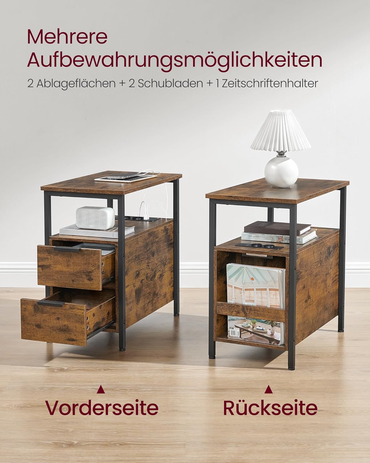 VASAGLE Beistelltisch, Nachttisch mit Steckdosenleiste, 2 Schubladen, Sofatisch, Nachtschrank für Wohnzimmer, Schlafzimmer, vintagebraun-tintenschwarz LET325B01 — Ansicht 5