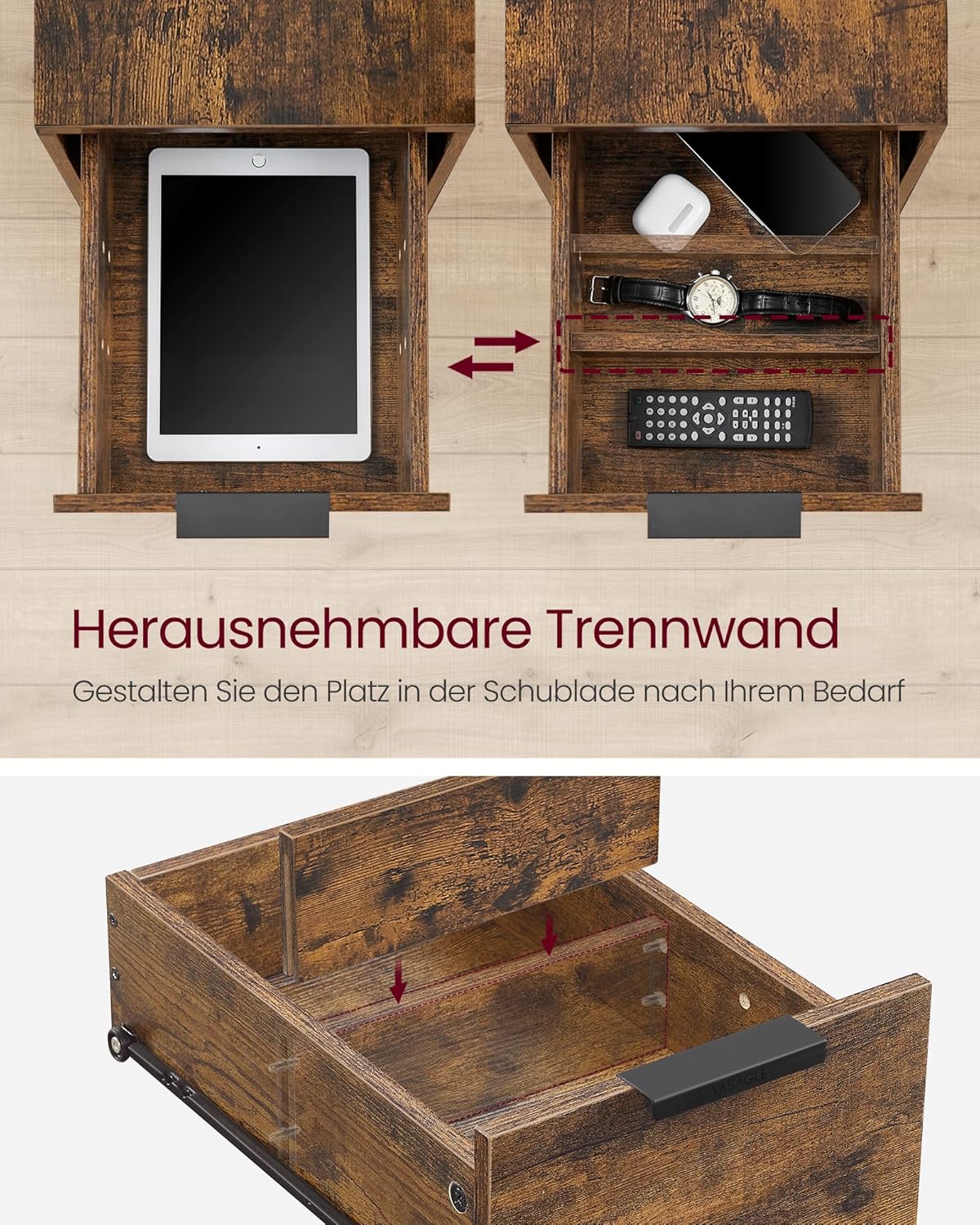 VASAGLE Beistelltisch, Nachttisch mit Steckdosenleiste, 2 Schubladen, Sofatisch, Nachtschrank für Wohnzimmer, Schlafzimmer, vintagebraun-tintenschwarz LET325B01 — Ansicht 6