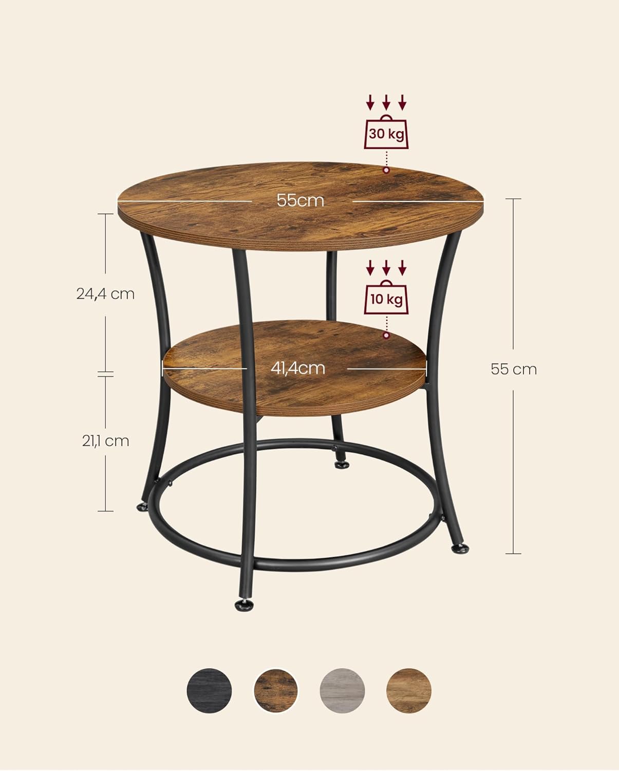 VASAGLE Beistelltisch rund, 2-stufiger Couchtisch, Konsolentisch, Stahlrahmen, für kleine Räume, Wohnzimmer, Schlafzimmer, vintagebraun-tintenschwarz LET56BX — Ansicht 3