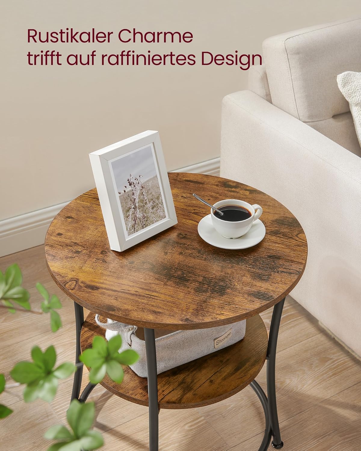 VASAGLE Beistelltisch rund, 2-stufiger Couchtisch, Konsolentisch, Stahlrahmen, für kleine Räume, Wohnzimmer, Schlafzimmer, vintagebraun-tintenschwarz LET56BX — Ansicht 4