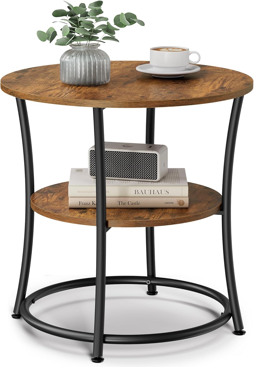 VASAGLE Beistelltisch rund, 2-stufiger Couchtisch, Konsolentisch, Stahlrahmen, für kleine Räume, Wohnzimmer, Schlafzimmer, vintagebraun-tintenschwarz LET56BX