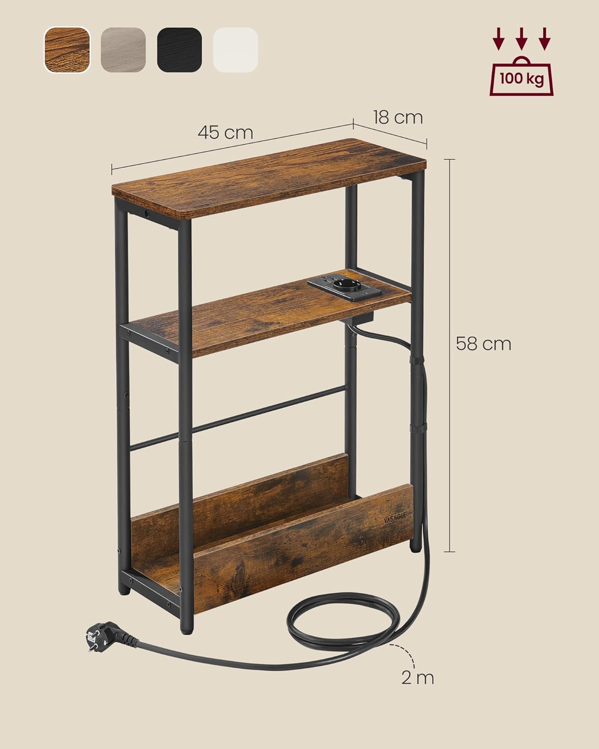 VASAGLE Beistelltisch schmal, Nachttisch mit Ladefunktion, Couchtisch klein, 3 Ablagen, Zeitschriftenhalter, für Wohnzimmer, Schlafzimmer, Arbeitszimmer, vintagebraun-tintenschwarz LET335K02 — Ansicht 2