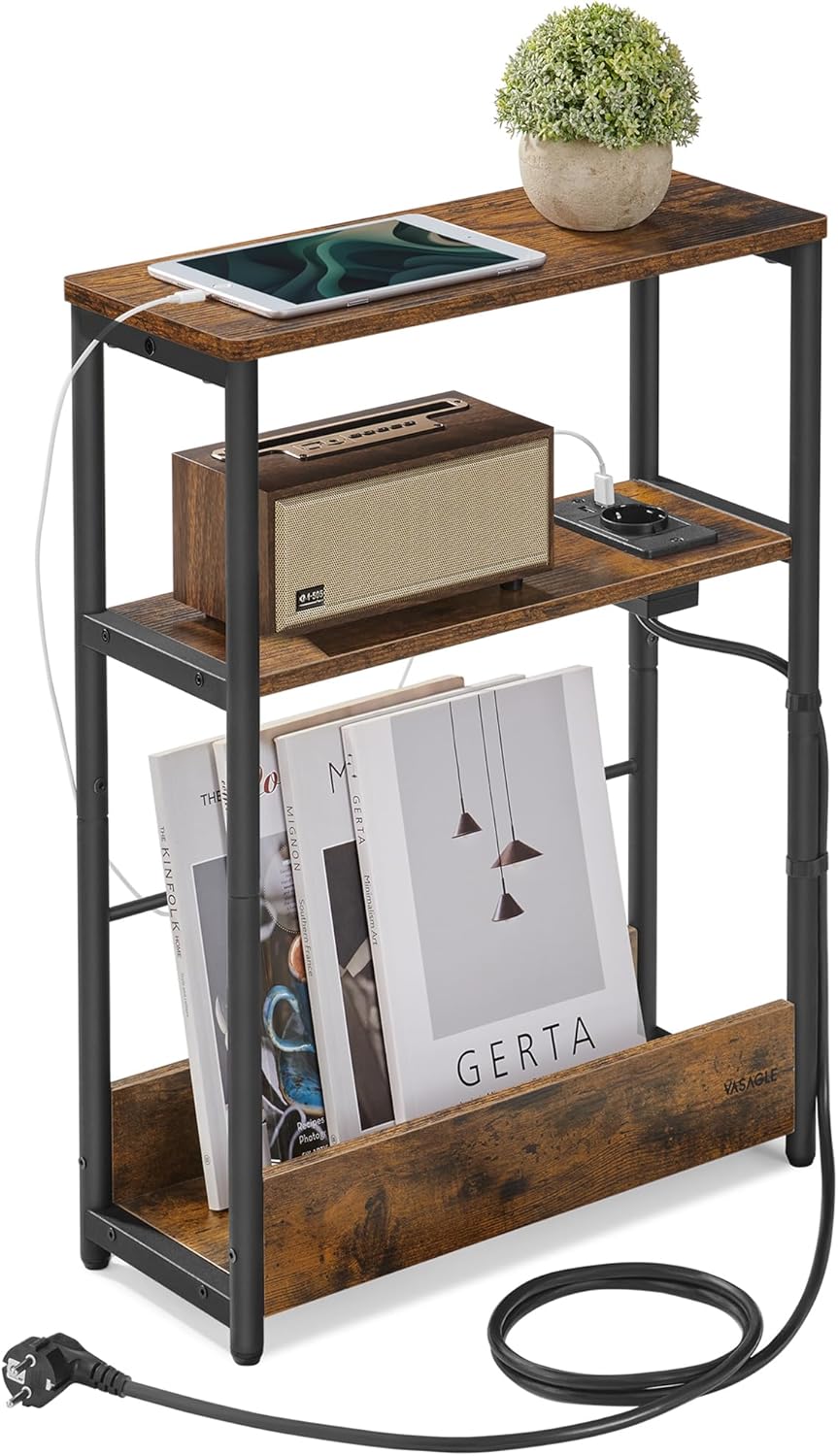 VASAGLE Beistelltisch schmal, Nachttisch mit Ladefunktion, Couchtisch klein, 3 Ablagen, Zeitschriftenhalter, für Wohnzimmer, Schlafzimmer, Arbeitszimmer, vintagebraun-tintenschwarz LET335K02