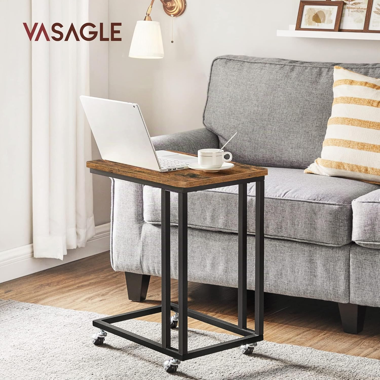 VASAGLE Beistelltisch, Sofatisch mit Rollen, C-Form, mobiler Kaffeetisch, 35 x 50 x 60 cm, Wohnzimmertisch mit Metallgestell, für Kaffee und Laptop, Industrie-Design, vintagebraun-schwarz LNT50X — Ansicht 2