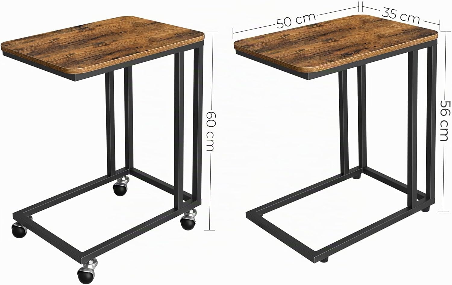 VASAGLE Beistelltisch, Sofatisch mit Rollen, C-Form, mobiler Kaffeetisch, 35 x 50 x 60 cm, Wohnzimmertisch mit Metallgestell, für Kaffee und Laptop, Industrie-Design, vintagebraun-schwarz LNT50X — Ansicht 3