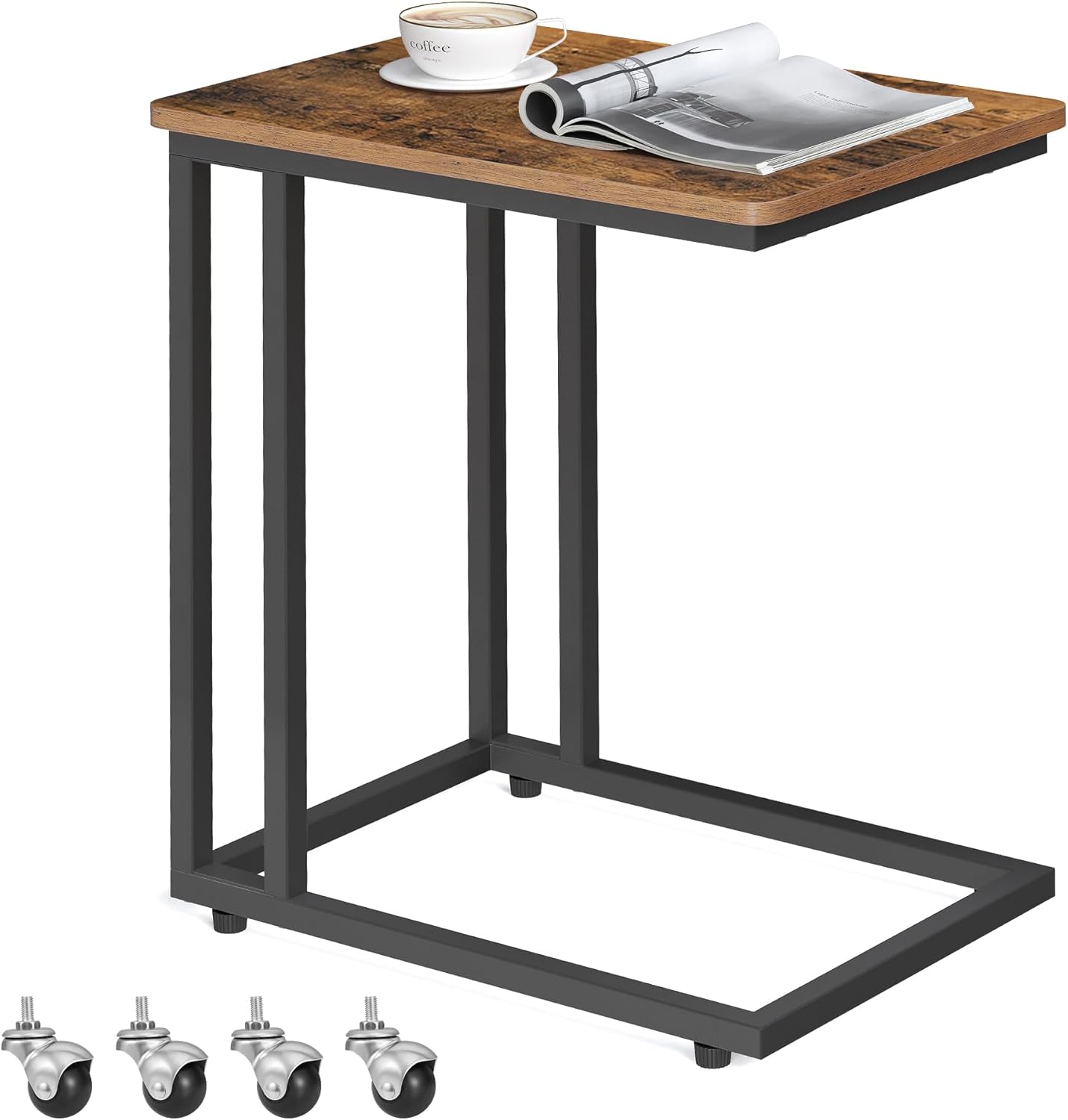 VASAGLE Beistelltisch, Sofatisch mit Rollen, C-Form, mobiler Kaffeetisch, 35 x 50 x 60 cm, Wohnzimmertisch mit Metallgestell, für Kaffee und Laptop, Industrie-Design, vintagebraun-schwarz LNT50X