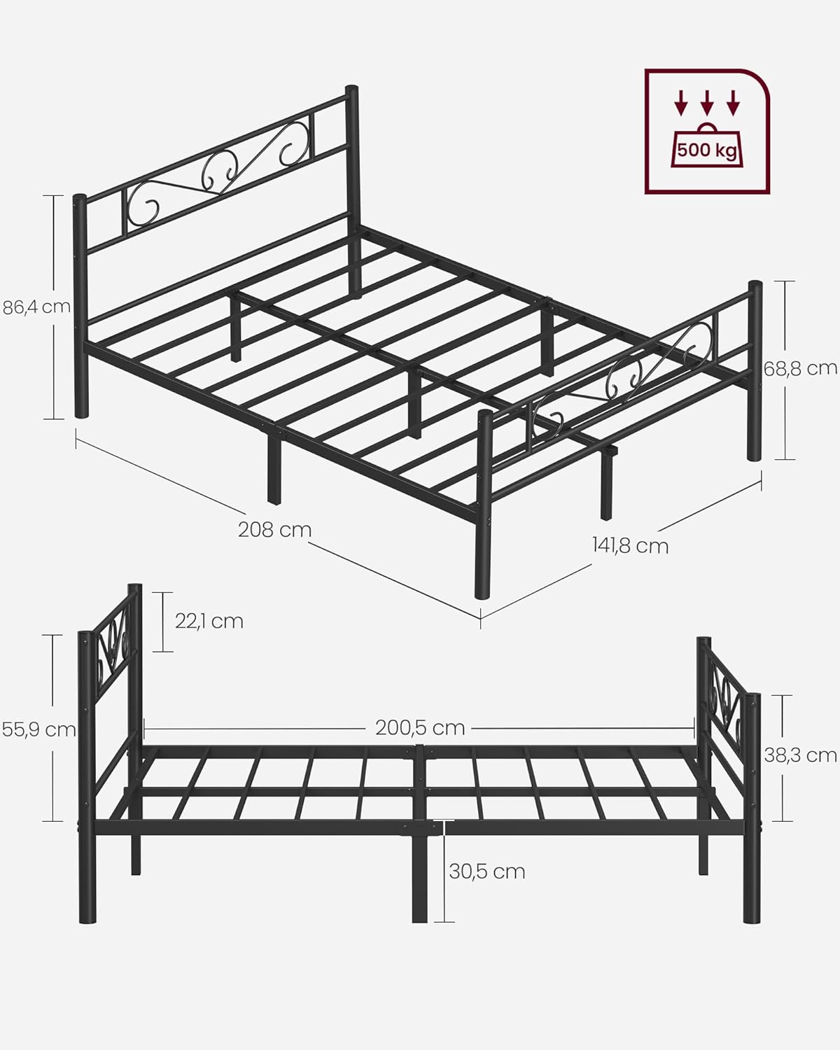 VASAGLE Bett 140 x 200 cm, Gästebett, Doppelbett aus Metall, Bettgestell, Bettrahmen, Metallbett, einfache Montage, tintenschwarz RMB064B01 — Ansicht 2