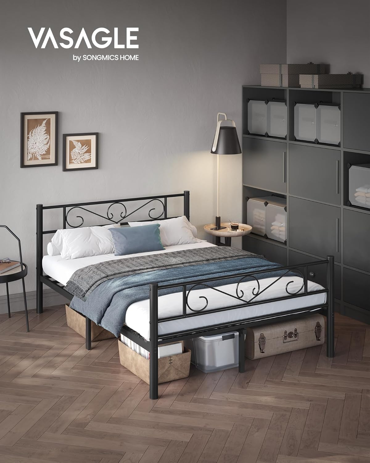 VASAGLE Bett 140 x 200 cm, Gästebett, Doppelbett aus Metall, Bettgestell, Bettrahmen, Metallbett, einfache Montage, tintenschwarz RMB064B01 — Ansicht 3