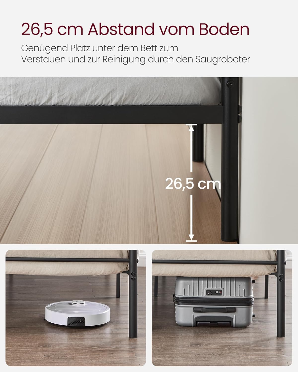 VASAGLE Bett 140 x 200 cm, Gästebett, Doppelbett aus Metall, Bettgestell, Bettrahmen, Metallbett, einfache Montage, tintenschwarz RMB064B01 — Ansicht 5