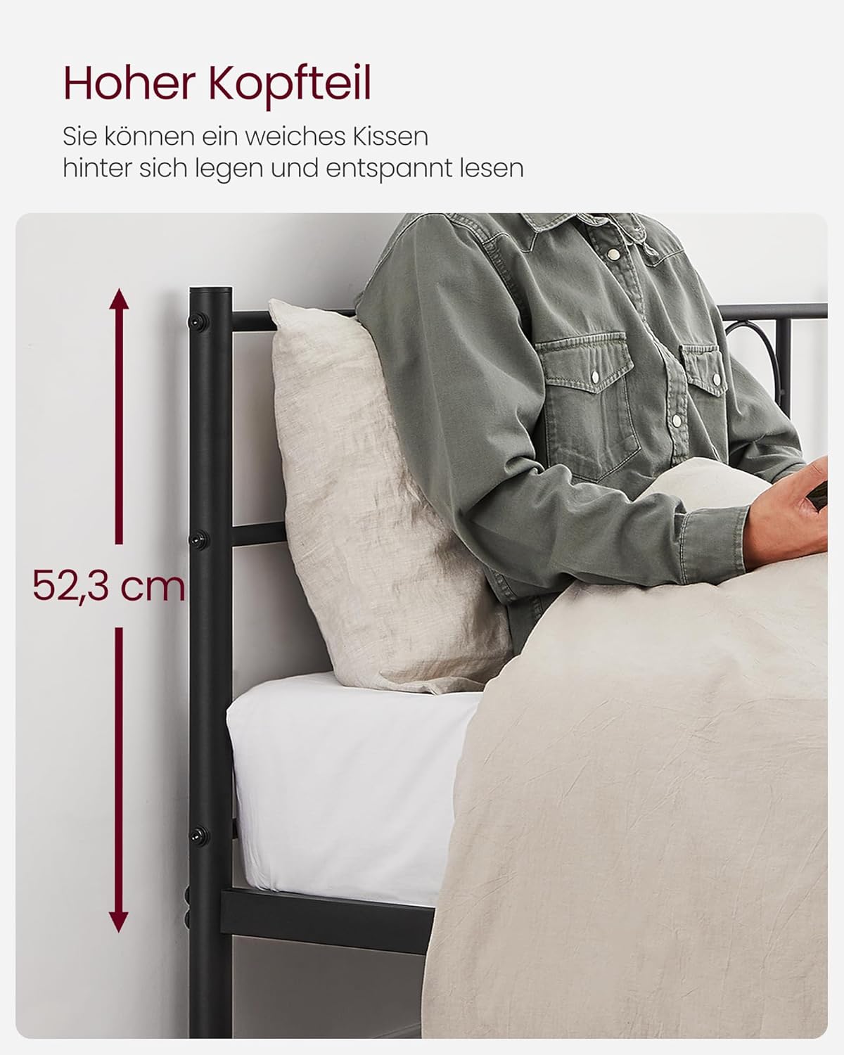 VASAGLE Bett 140 x 200 cm, Gästebett, Doppelbett aus Metall, Bettgestell, Bettrahmen, Metallbett, einfache Montage, tintenschwarz RMB064B01 — Ansicht 6