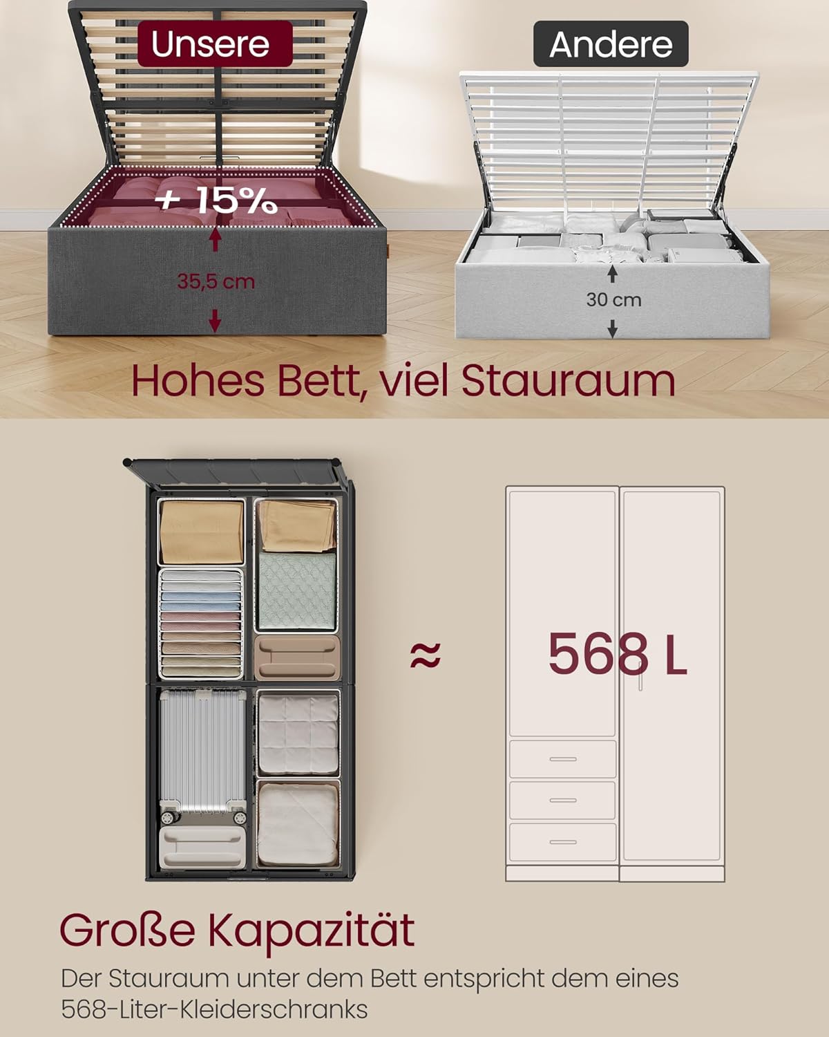 VASAGLE Bettgestell, Bettrahmen, Bett, 90 x 200 cm, klappbar Lattenrost, Unterbettaufbewahrung, Kopfteil, Hydrauliksystem, modern, einfache Montage, dunkelgrau RMB612G02 — Ansicht 2