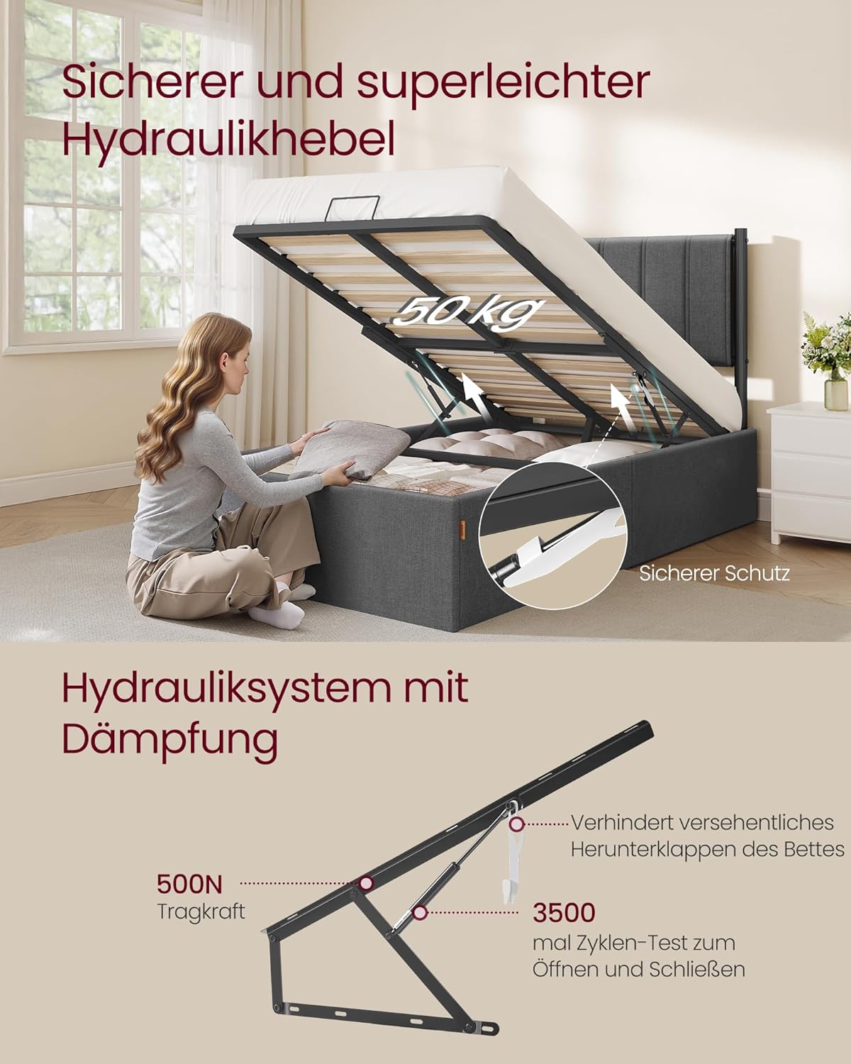 VASAGLE Bettgestell, Bettrahmen, Bett, 90 x 200 cm, klappbar Lattenrost, Unterbettaufbewahrung, Kopfteil, Hydrauliksystem, modern, einfache Montage, dunkelgrau RMB612G02 — Ansicht 4