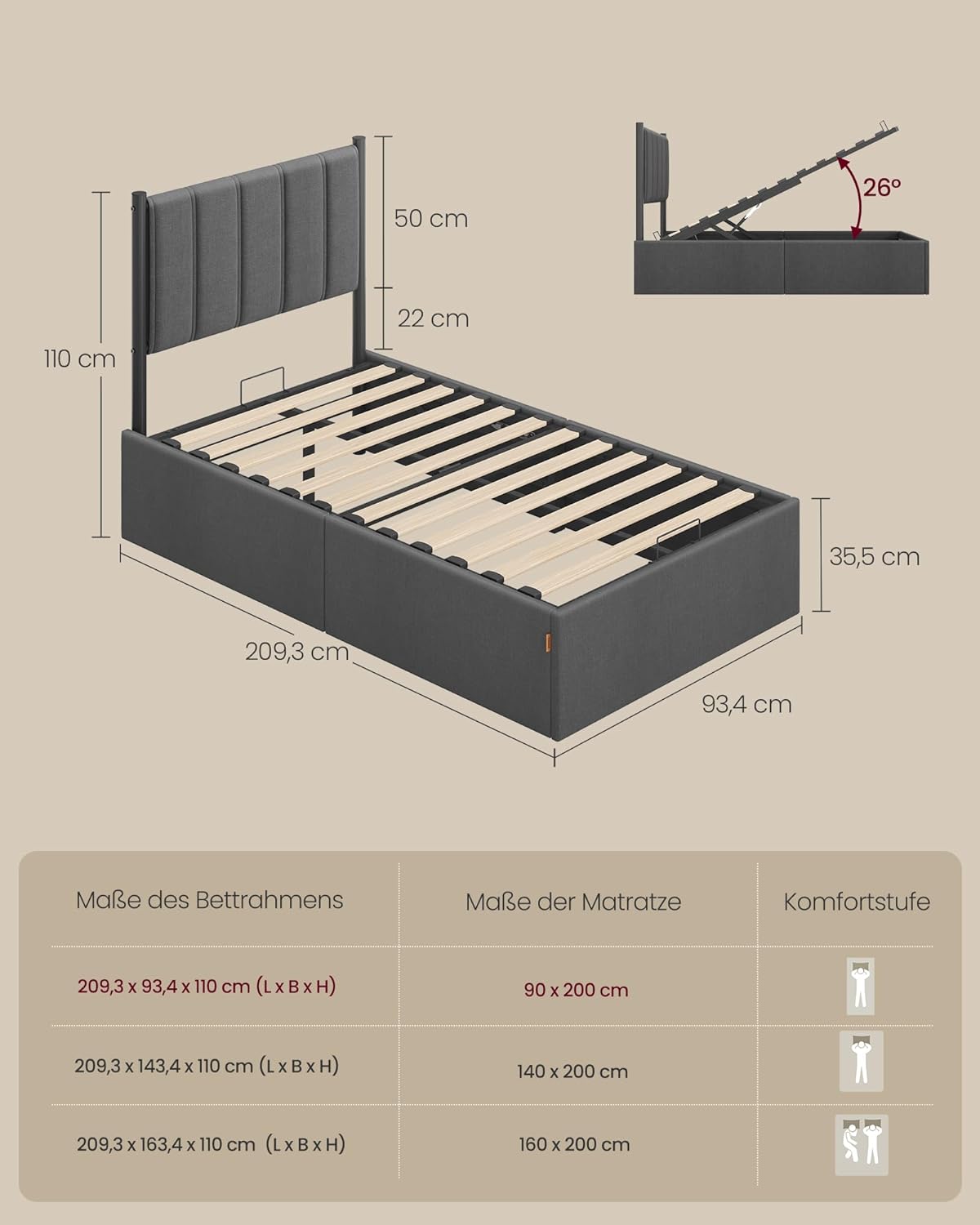 VASAGLE Bettgestell, Bettrahmen, Bett, 90 x 200 cm, klappbar Lattenrost, Unterbettaufbewahrung, Kopfteil, Hydrauliksystem, modern, einfache Montage, dunkelgrau RMB612G02 — Ansicht 6