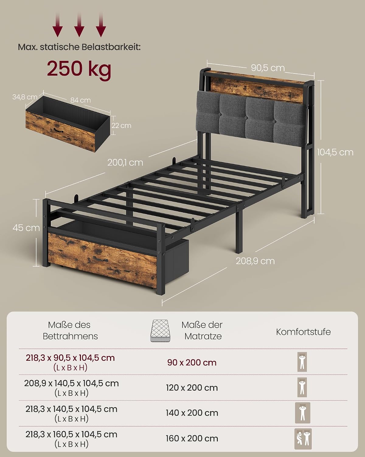 VASAGLE Bettgestell mit 1 Schubladen, 90 x 200 cm, LED-Beleuchtung, Ladestation, Metall, Bettrahmen mit gepolstertem Kopfteil und Stauraum, tintenschwarz-vintagebraun RMB122G101-01 — Ansicht 3