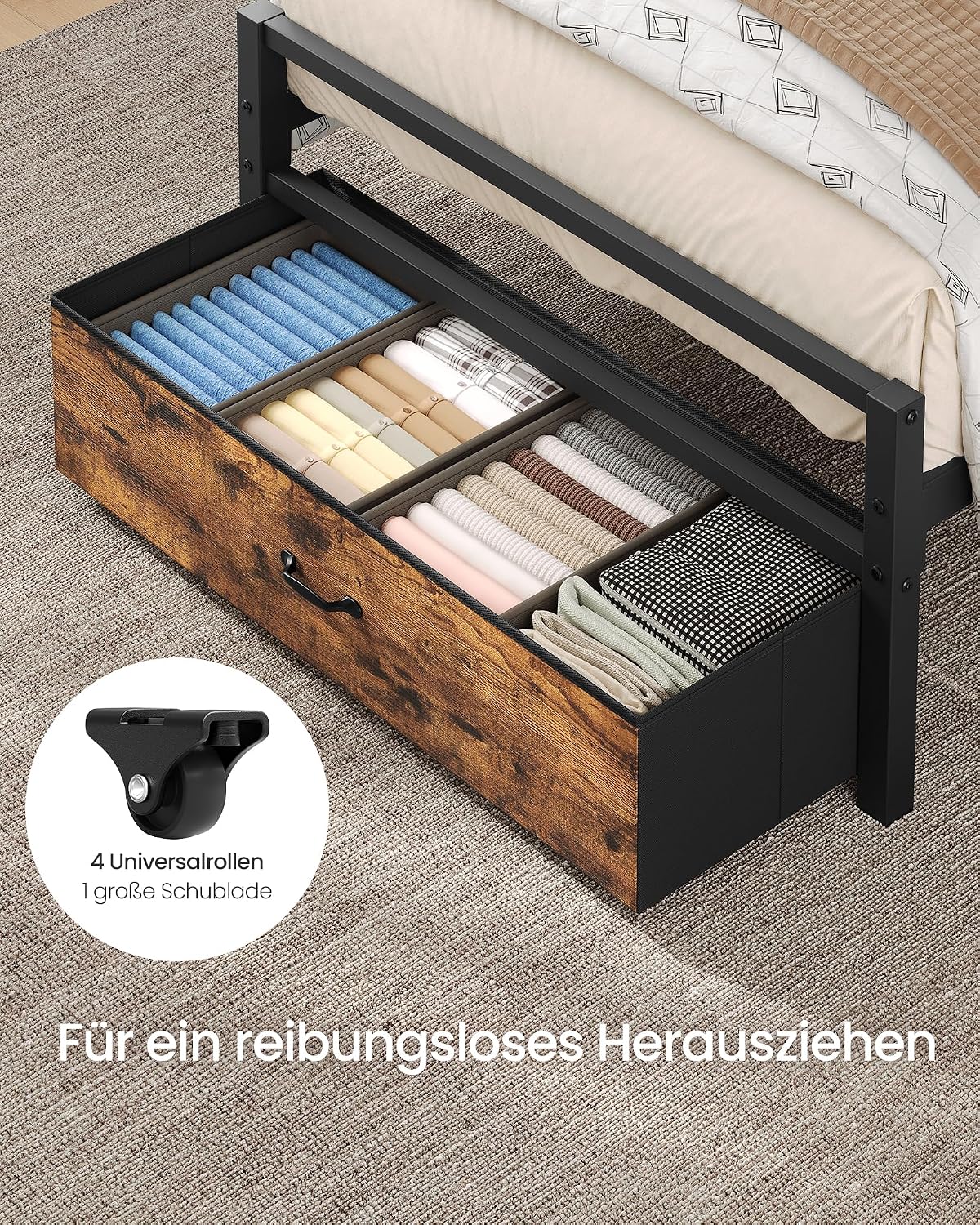 VASAGLE Bettgestell mit 1 Schubladen, 90 x 200 cm, LED-Beleuchtung, Ladestation, Metall, Bettrahmen mit gepolstertem Kopfteil und Stauraum, tintenschwarz-vintagebraun RMB122G101-01 — Ansicht 4