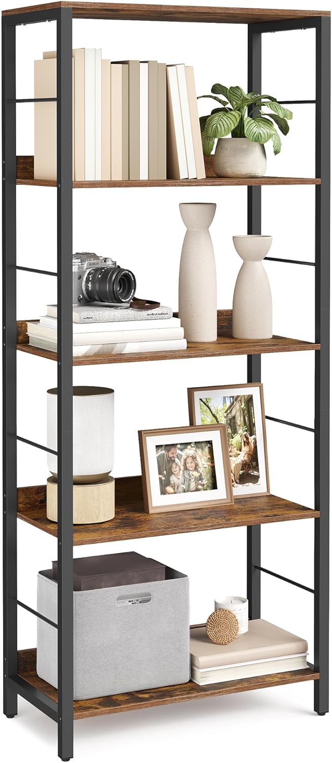 VASAGLE Bücherregal 5 Ebenen, Regal, Aufbewahrungsregal, 30 x 60 x 144 cm, mit Rückplatten, für Wohnzimmer, Arbeitszimmer, Homeoffice, Industrie-Design, vintagebraun-tintenschwarz LLS117B01
