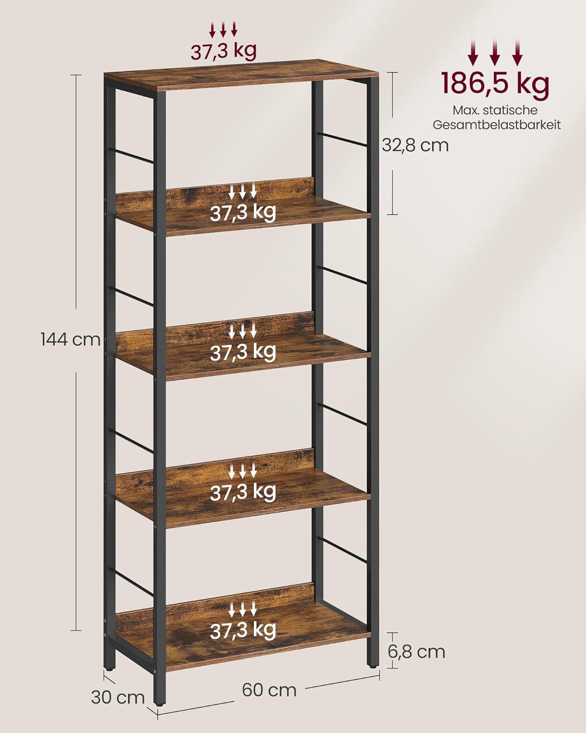 VASAGLE Bücherregal 5 Ebenen, Regal, Aufbewahrungsregal, 30 x 60 x 144 cm, mit Rückplatten, für Wohnzimmer, Arbeitszimmer, Homeoffice, Industrie-Design, vintagebraun-tintenschwarz LLS117B01 — Ansicht 3