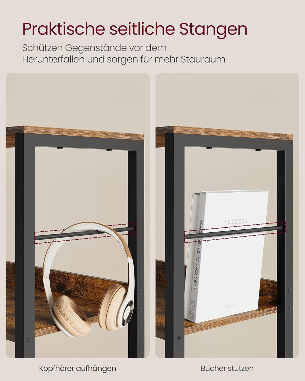 VASAGLE Bücherregal 5 Ebenen, Regal, Aufbewahrungsregal, 30 x 60 x 144 cm, mit Rückplatten, für Wohnzimmer, Arbeitszimmer, Homeoffice, Industrie-Design, vintagebraun-tintenschwarz LLS117B01 — Ansicht 6