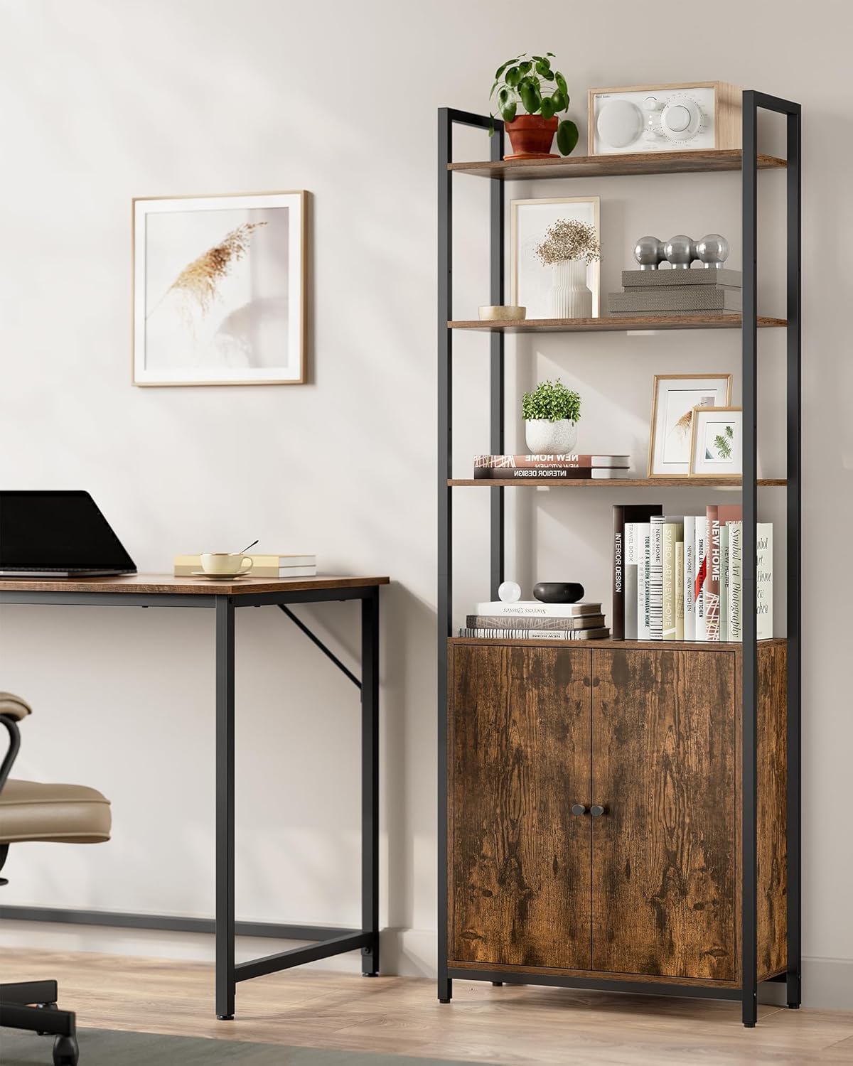 VASAGLE Bücherregal, 6 Ebenen, Regal, Standregal mit Türen, Metallrahmen, verstellbaren Ablagen, 24 x 60 x 159,5 cm, für Wohnzimmer, Schlafzimmer, vintagebraun-tintenschwarz LLS133K01 — Ansicht 2