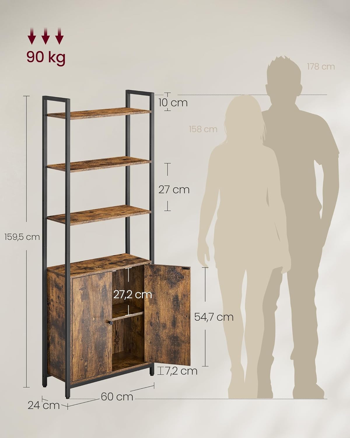 VASAGLE Bücherregal, 6 Ebenen, Regal, Standregal mit Türen, Metallrahmen, verstellbaren Ablagen, 24 x 60 x 159,5 cm, für Wohnzimmer, Schlafzimmer, vintagebraun-tintenschwarz LLS133K01 — Ansicht 3
