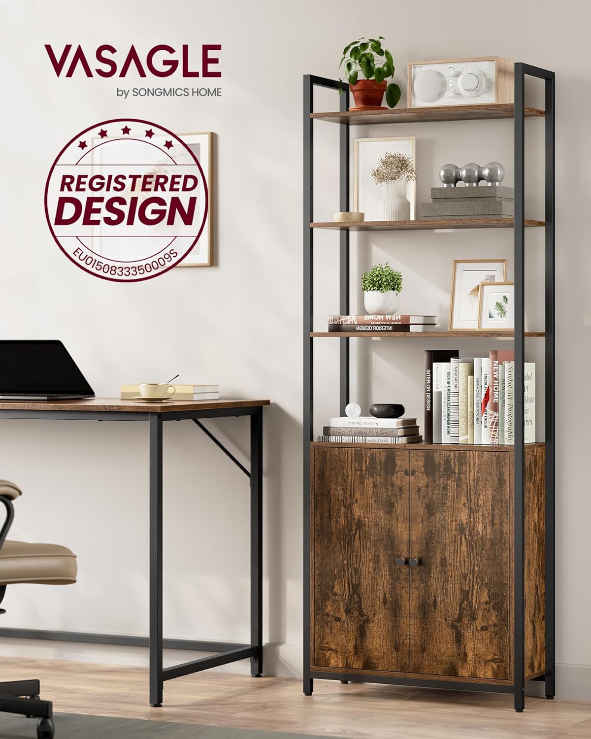 VASAGLE Bücherregal, 6 Ebenen, Regal, Standregal mit Türen, Metallrahmen, verstellbaren Ablagen, 24 x 60 x 159,5 cm, für Wohnzimmer, Schlafzimmer, vintagebraun-tintenschwarz LLS133K01 — Ansicht 4